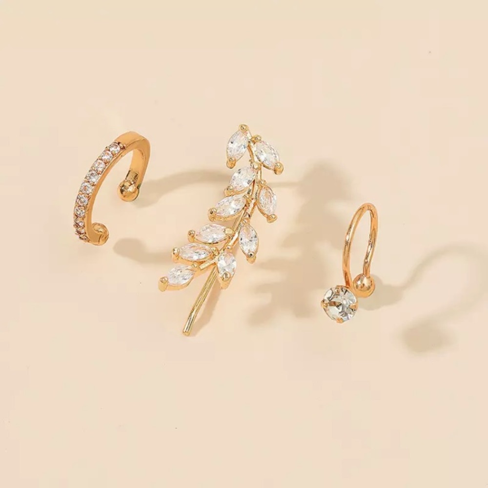 “Enchanted” Ear Cuff/Earring Bohemian Dainty Diamond Leaf Minimalist Jewelry Set - Picture 2 of 3